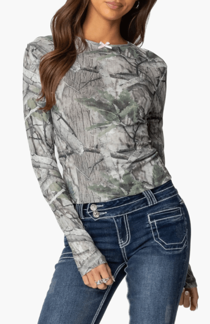 EDIKTED Camo Babe Mesh Long Sleeve Top