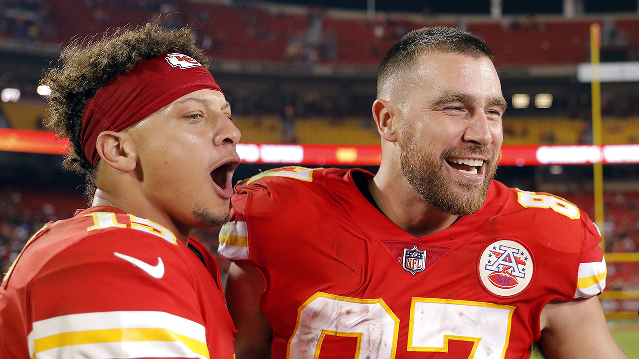 KANSAS CITY, MISSOURI - OCTOBER 10: Patrick Mahomes #15 and Travis Kelce #87 of the Kansas City Chiefs celebrate after the Chiefs defeated the Las Vegas Raiders 30-29 to win the game at Arrowhead Stadium on October 10, 2022 in Kansas City, Missouri.