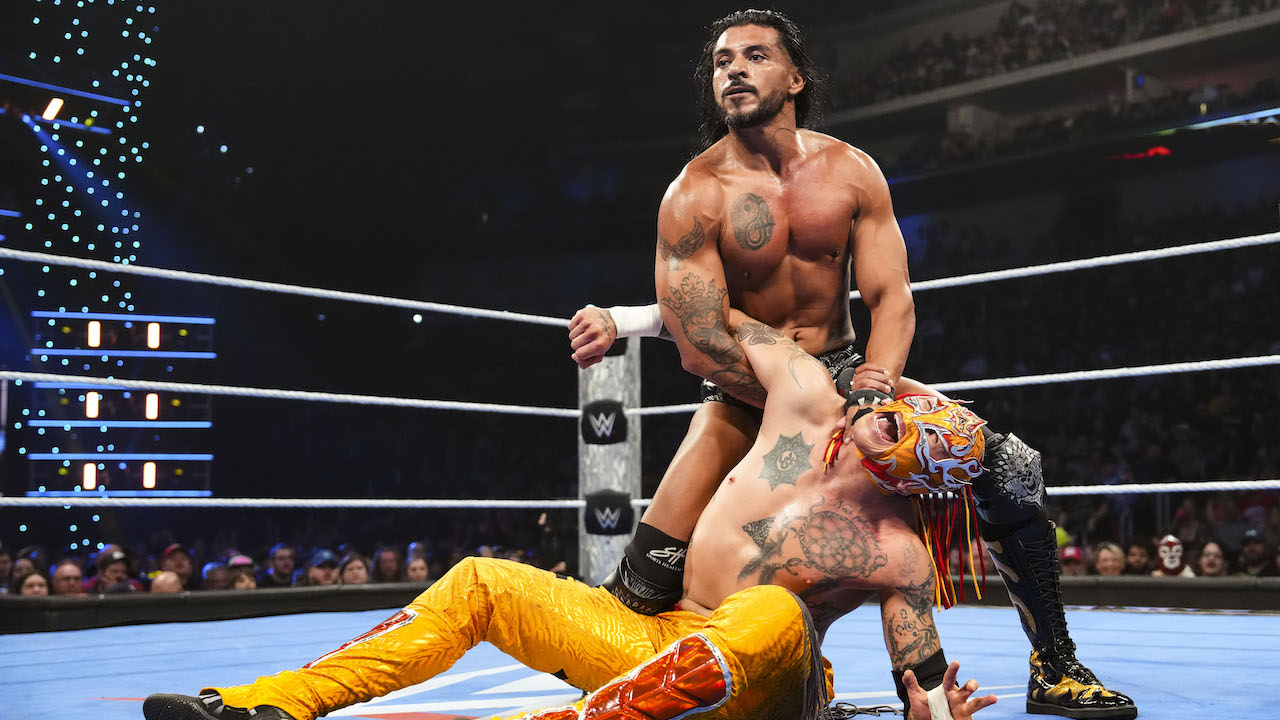 Santos Escobar in action against Rey Fenix during Friday night Smackdown at Wells Fargo Arena on May 2, 2025 in Des Moines, Iowa.