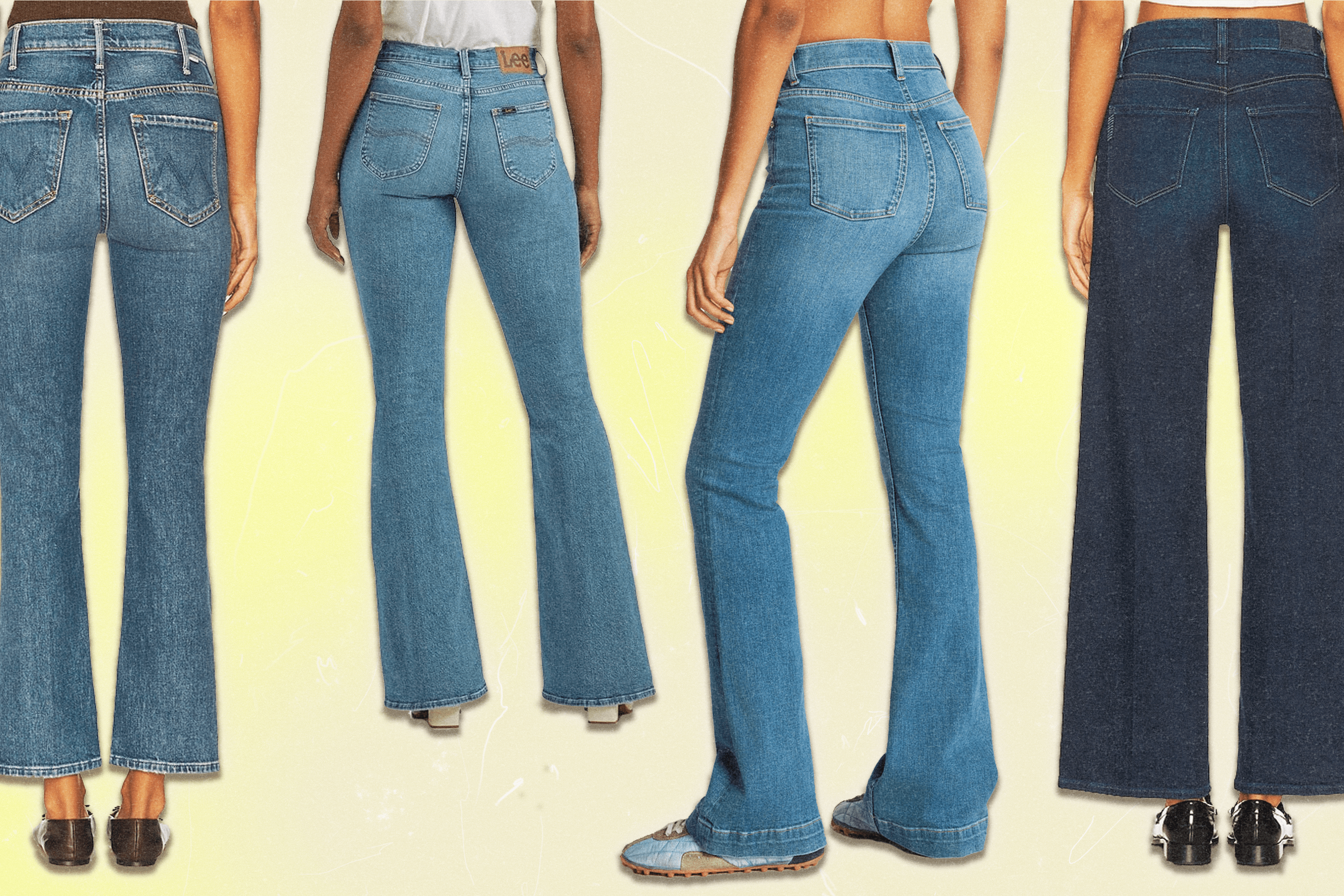 A collage of four models wearing butt-lifting women's jeans from Mother, Lee, Spanx, and Paige.