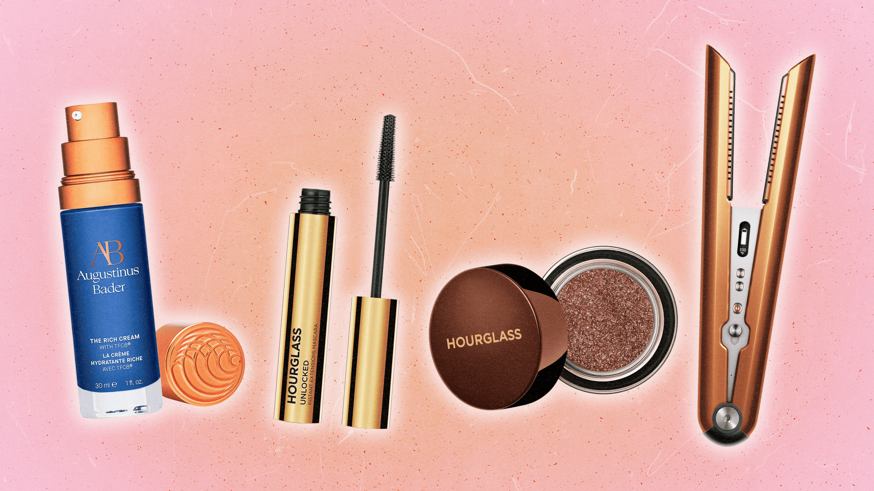 Left to Right: Augustinus Bader The Rich Cream, Hourglass' mascara, Hourglass' glitter eyeshadow, and Dyson's hair straightener.