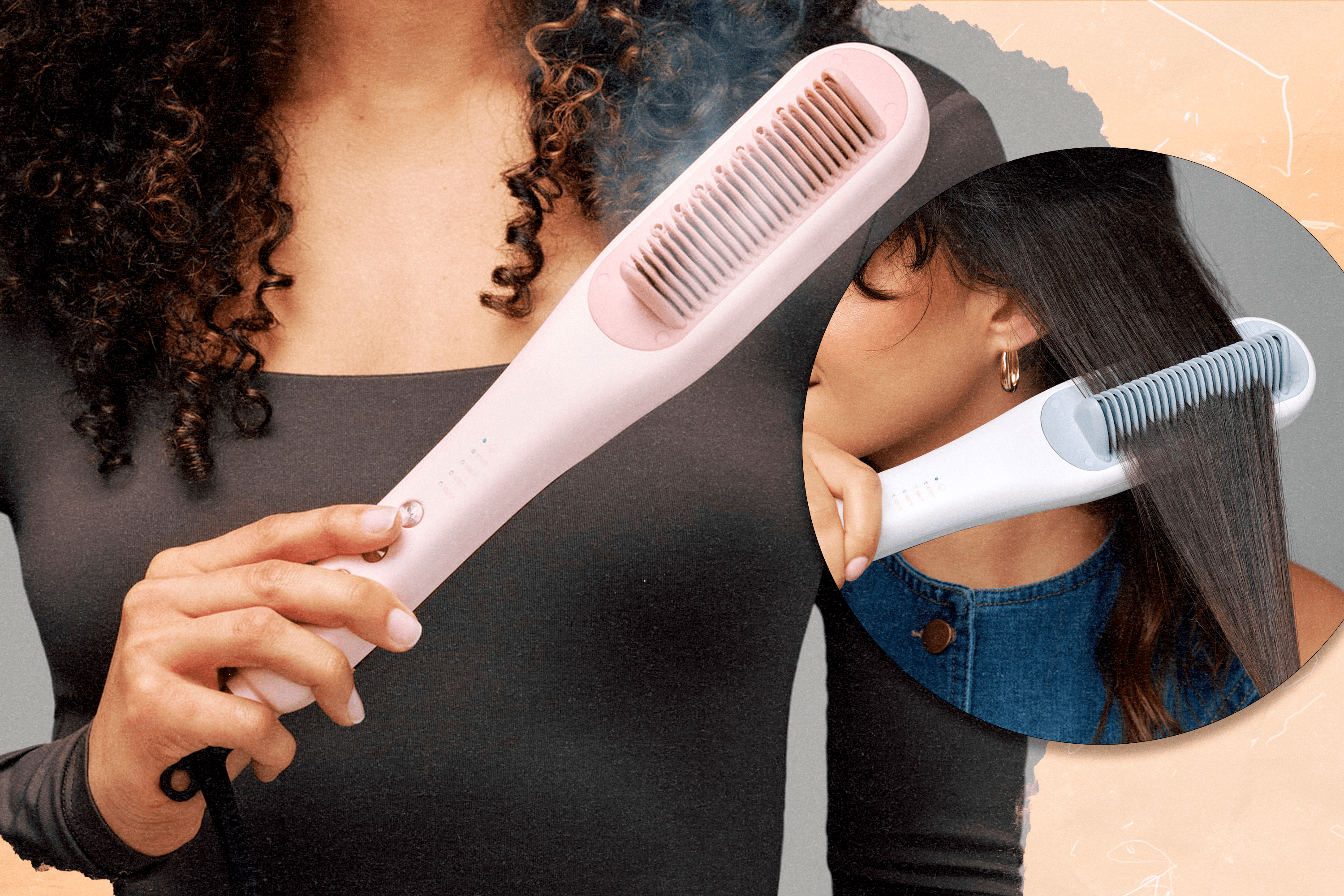 Two models using Wavytalk's Steamline Pro Steam Straightening Brush in the pink and blue colorways.