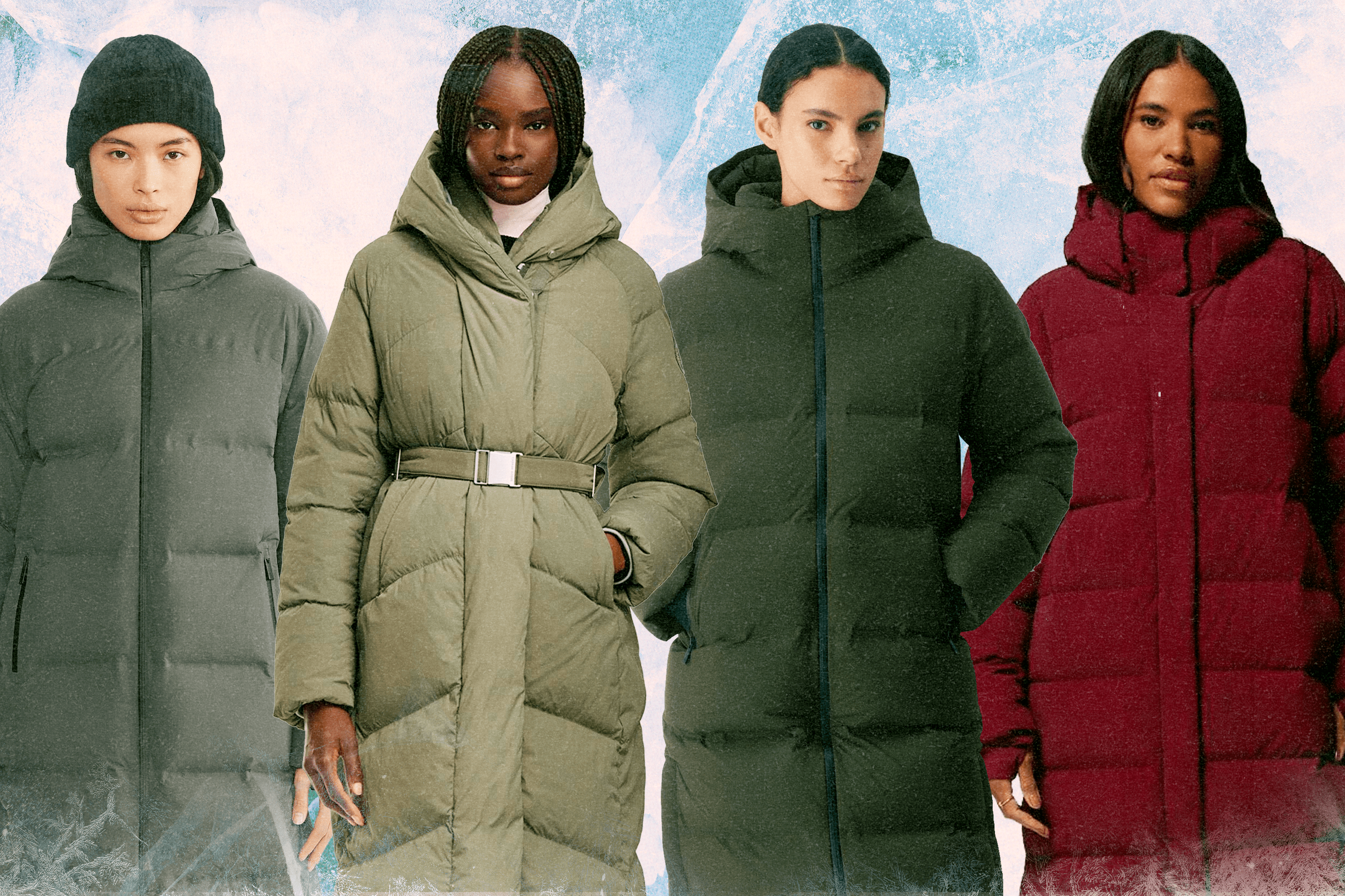 A model wearing a gray Aritzia long puffer coat; a model wearing a light green Canada Goose long puffer coat, a model wearing a dark green Aritzia long puffer coat, a model wearing a dark red Columbia long puffer coat.
