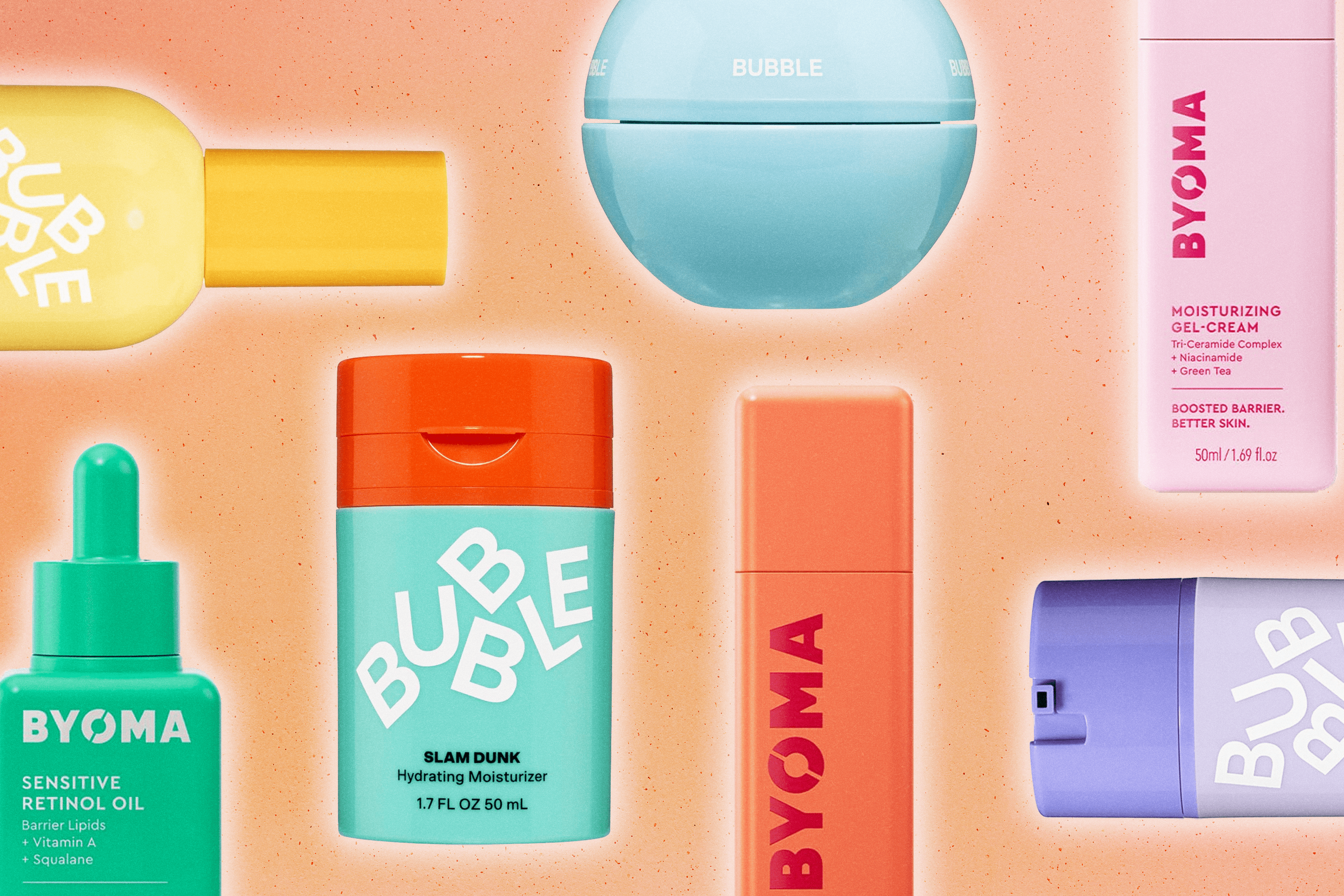 A mix of Bubble and Byoma skincare products on a colorful background