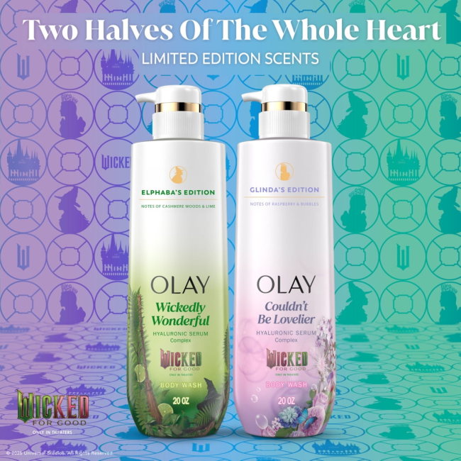 Olay x Wicked: For Good two body washes (Glinda and Elphaba)