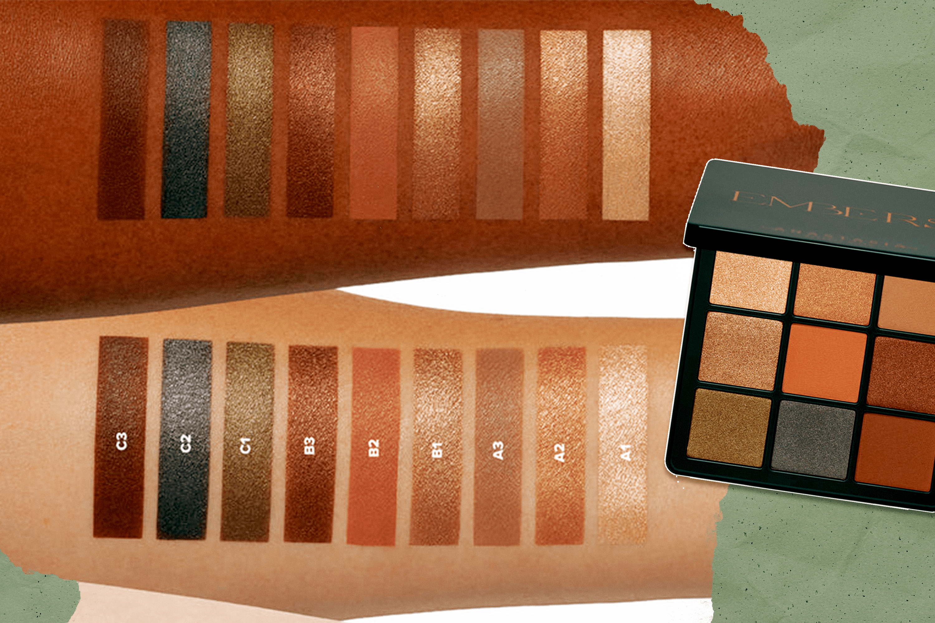 Left: Swatches on two arms of the Anastasia Beverly Hills Embers Mini Eyeshadow Palette; Right: the Anastasia Beverly Hills Embers Mini Eyeshadow Palette opened