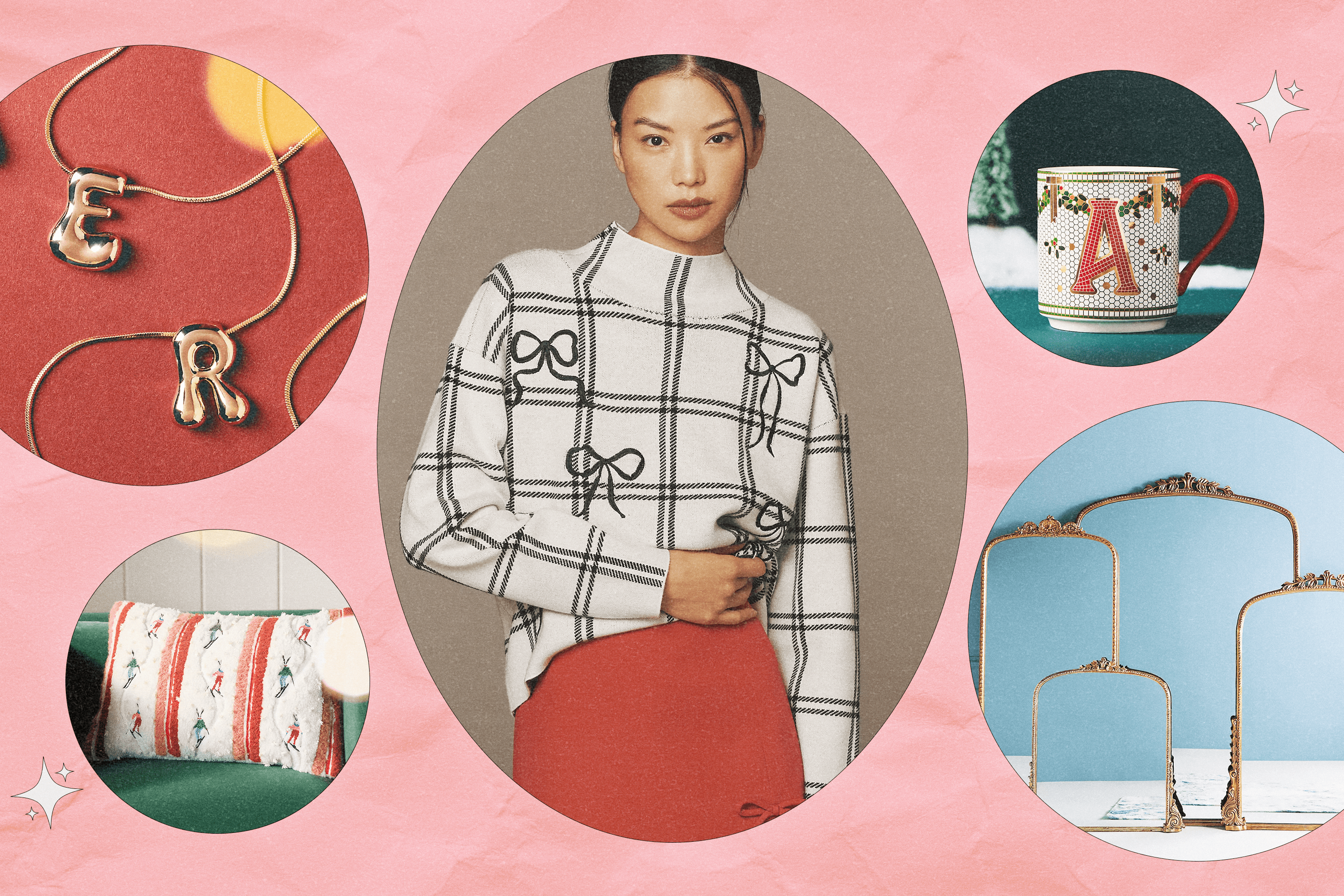 Left to Right: Anthropologie bubble letter necklaces in gold; an Anthropologie skier throw pillow; an Anthropologie model wearing a white and black plaid and bow mock-neck sweater, an Anthropologie monogrammed "A" mug; four Anthropologie Primrose floor mirrors.