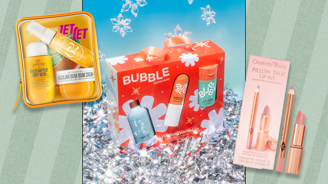 A Sol de Janeiro gift set, a Bubble Skincare gift set, and a Charlotte Tilbury gift set