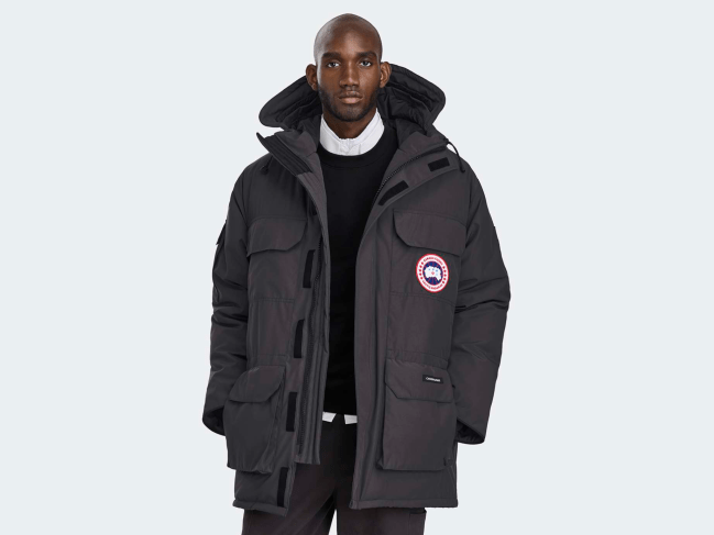 A model wearing the Canada Goose Expedition Parka in Granite Grey