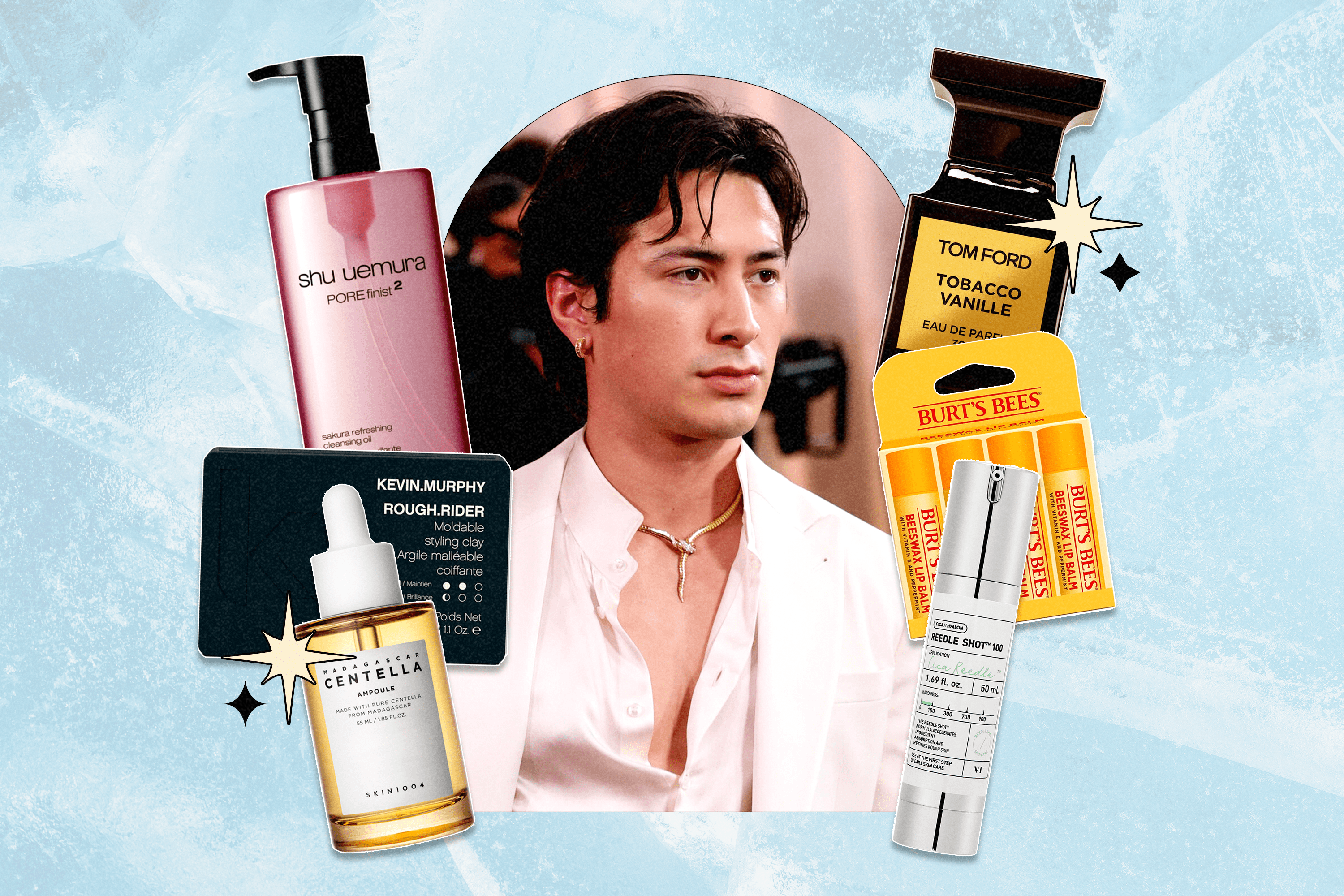 A photo of Hudson Williams from the 2026 Golden Globes red carpet, surrounded by six skincare, hair, and fragrance products he has used