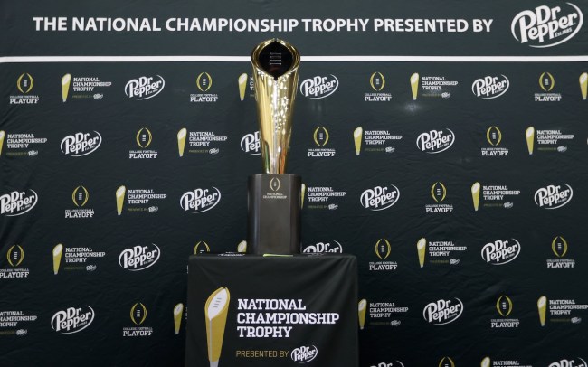 The College Football Playoff National Championship Trophy on display during media day activities prior to the 2026 College Football Playoff National Championship game between the Miami Hurricanes and the Indiana Hoosiers at Miami Beach Convention Center on January 17, 2026 in Miami Beach, Florida.