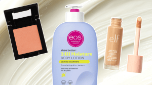 A white background with a eos lotion bottle, e.l.f. concealer, and blush compact