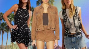 A desert scene with a woman in a short black polka dot dress, a woman in a brown suede two-piece outfit, and a woman in a denim shorts, white tee, and sheer vest.