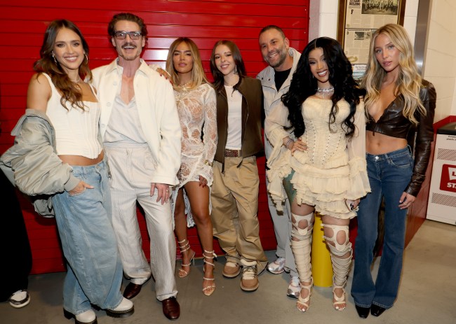 Jessica Alba, Pedro Pascal, Karol G, Young Miko, David Grutman, Cardi B and Alix Earle attend the Super Bowl LX Pregame at Levi's Stadium on February 08, 2026 in Santa Clara, California