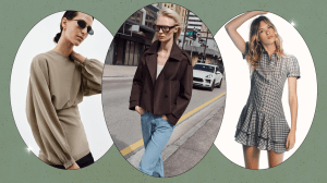 Left to Right: a Zara model wearing a beige/pink balloon sleeve top; a Zara model wearing a dark brown short trench coat with blue jeans; a Zara model wearing a gray plaid short dress with ruffles.