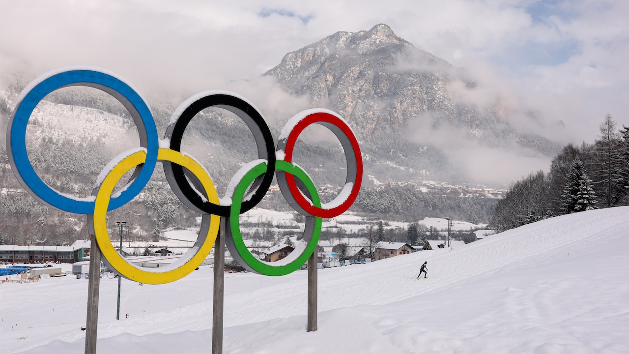 Olympic rings at the Tesero Cross-Country Skiing Stadium ahead of the Milano Cortina 2026 Winter Olympics on February 03, 2026 in Tesero, Italy.