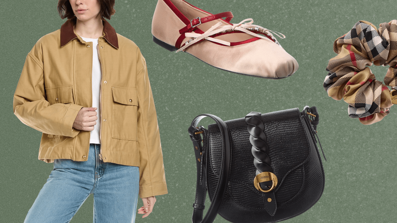 A green background with a woman wearing a barn jacket and jeans, a pink ballet flat, a Burberry scrunchie, and a black crossbody bag.