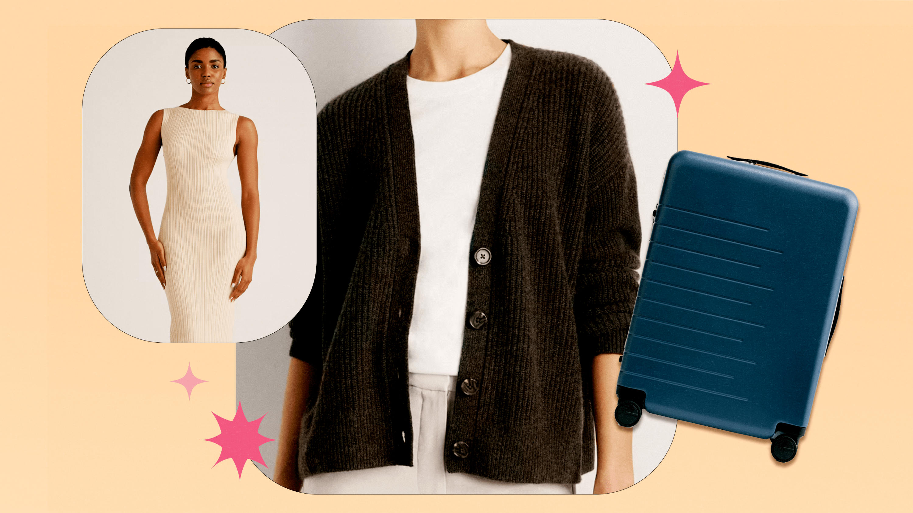 A collage showing a model wearing a Quince off-white midi dress, a model wearing a Quince brown cardigan, and a product shot of Quince's blue check-in suitcase.