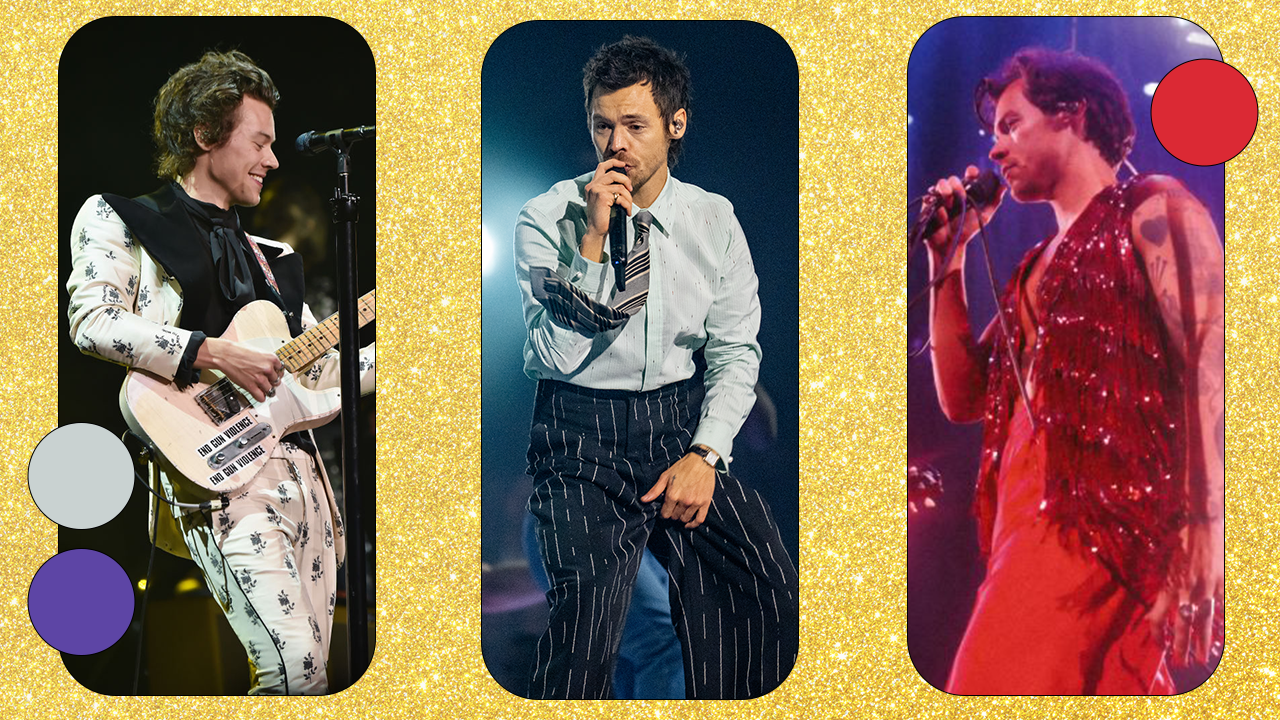 Three images of Harry Styles performing on stage at the 2026 BRIT Awards and his two previous tours