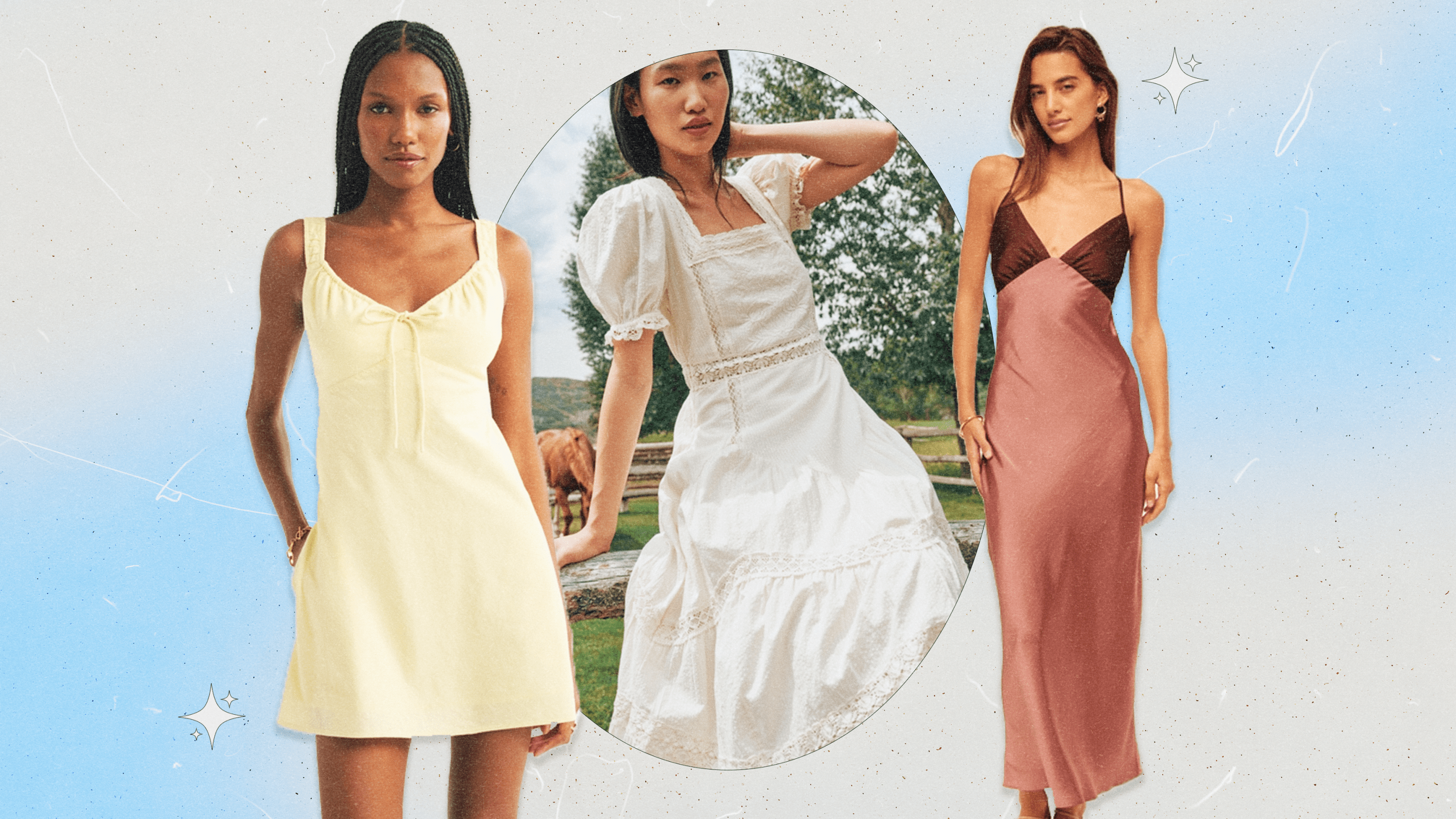 A collage of three models wearing Abercrombie spring 2026 dresses