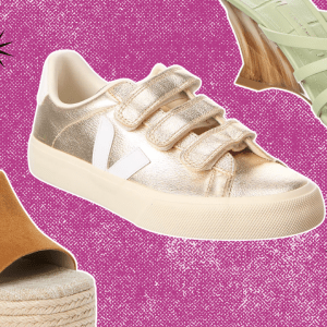 A pink background with gold sneakers in the center, matcha green strappy wedge sandles on the top right, and slip-on espadrille sandals on the bottom left.