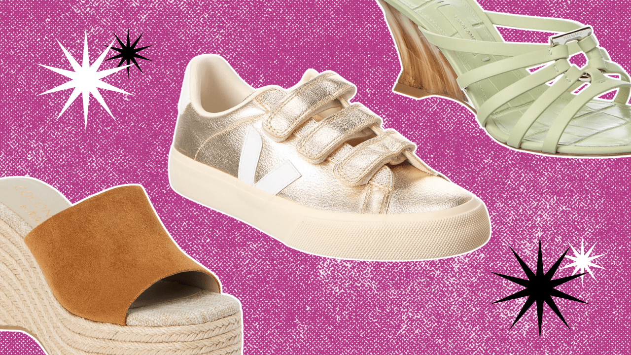 A pink background with gold sneakers in the center, matcha green strappy wedge sandles on the top right, and slip-on espadrille sandals on the bottom left.